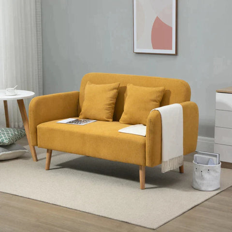 Rootz Double Sofa - Upholstery With Cushions - Compact Design - Two-seater - Adjustable Height Of The Footrests - Velvety Polyester - Rubber Wood - Foam - Yellow + Natural - 130 x 70 x 80 cm