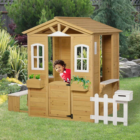 Rootz Children's Playhouse - Wooden Outdoor Playhouse - Garden Playhouse With Flower Pot Rack - Fence Bench - Fir Wood - Nature/white - 204 x 107 x 140 cm
