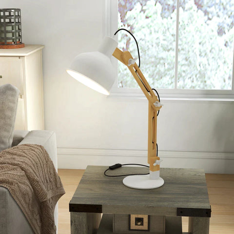 Rootz Bureaulamp - Lezen Omgevingslicht - Vintage Design - Led-lampen - Bamboe Verstelbaar - Draaiarm - Wit Metaal - Wit + Natuurlijk - 36L x 15,5W x 50H cm