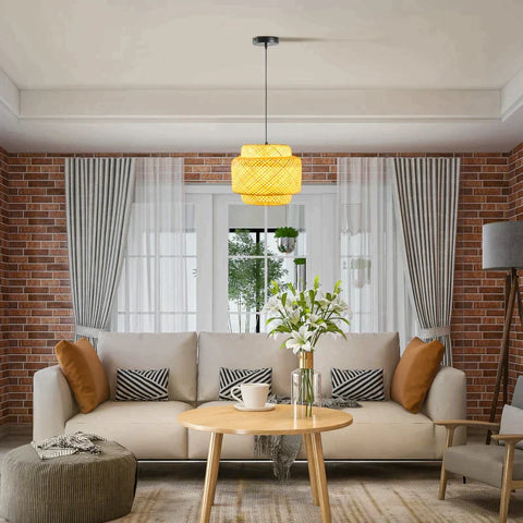 Rootz Hängelampe – Deckenlampe – Hängeleuchte – Hängelampe im Boho-Stil – Lampenschirm aus gewebtem Bambus – höhenverstellbar – Natur/Schwarz