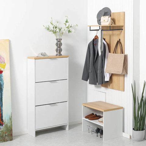 Rootz Shoe Cabinet - 3 Tilting Compartments - 12 Pairs Of Shoes - Adjustable Shelves - MDF - Natural + White - 60L x 24W x 120H cm