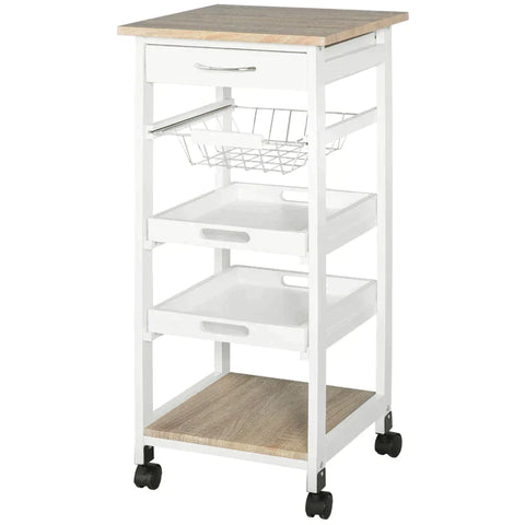 Rootz Kitchen Trolley - Kitchen Cabinet - Serving Trolley - Removable Tray Pine - White - 37 x 37 x 82 cm