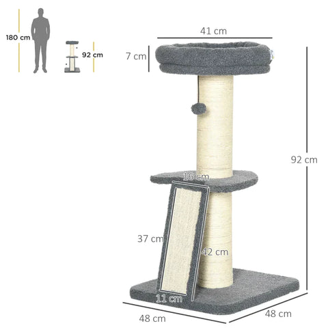Rootz Scratching Post - One Platform - Hanging Play Ball - Sisal - Dark Grey + Cream White - 48 x 48 x 92cm
