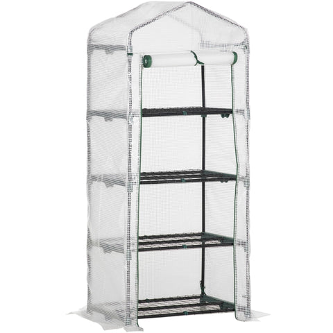 Rootz Greenhouse - Plant House - Greenhouse Shelves - Weather Resistant - Roll Up Door - White + Black - 70cm x 50cm x 160cm