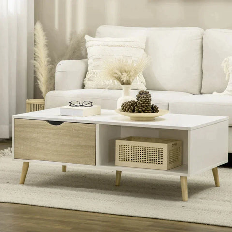 Rootz Couchtisch – Beistelltisch – Esszimmertisch – 2 Regale – 2 Schubladen – Spanplatte – Weiß/Natur – 106 cm x 58 cm x 39,5 cm