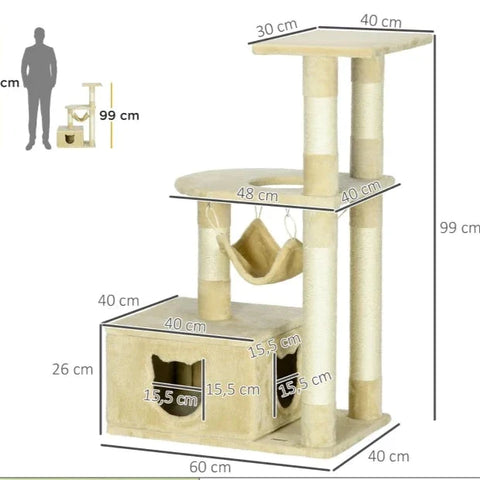 Rootz Scratching Post - Cat Cave - 3 Lying Surfaces - Multi-level Design - Cats Under 5kg - 1 Hammock - 3 Sisal Posts - Chipboard - Natural + Beige - 60W x 40D x 99Hcm