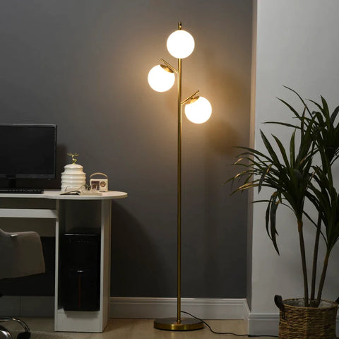 Rootz Floor Lamp - Retro Design - Stable Metal Base - Smooth Rod - Long Power Cable - 3 Lampshades - Suitable For LED - Iron+Glass - Gold+White - Ø27 x 169H cm