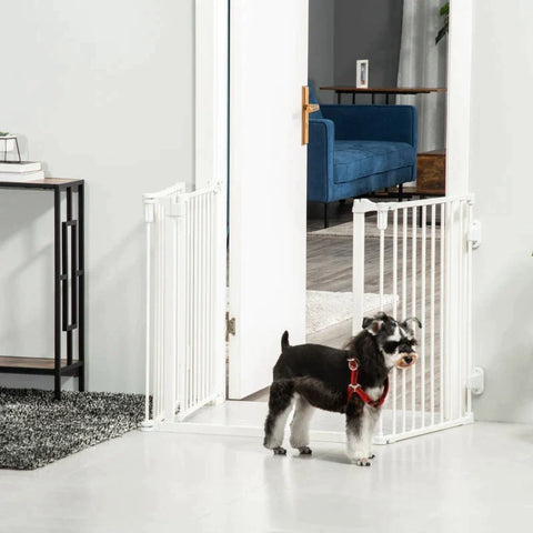 Rootz Dog Barrier - Door Gate - Pet Gate - Angle Adjustable - Foldable Configuration Gate with Automatic Closing Door - 3 Panels - White - 202.5 x 76 cm