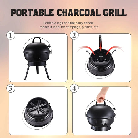 Rootz Charcoal Grill - Kettle Grill - Charcoal BBQ Grill - Windbreak Tripod Base - Camping - Picnic - Portable - Metal - Black - Ø36.5 x 54 cm