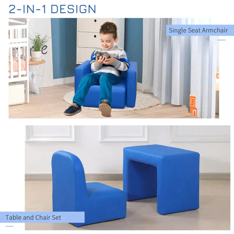 Rootz 2-in-1 Children's Sofa - Table And Chair Set - Multifunctional For Children - Children's Couch - Children's Armchair - Mini Sofa - Blue