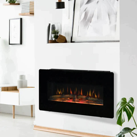 Rootz Electric Fireplace - Freestanding Fireplace Stove with Flame Effect - Metal - Tempered Glass - Black - 91.4 x 11 x 44 cm