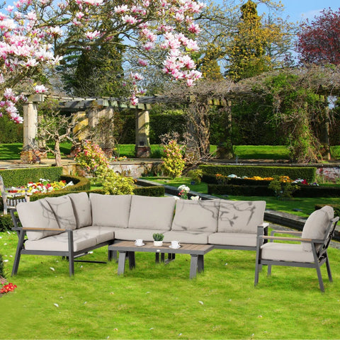Rootz Gartenmöbel-Set – 6-teiliges Gartenmöbel-Set – Garten-Set – Sitzgruppe – Doppelsofa – 3 Einzelsofas – mit Couchtisch – Sofa mit Sitzkissen – Aluminium – Cremeweiß