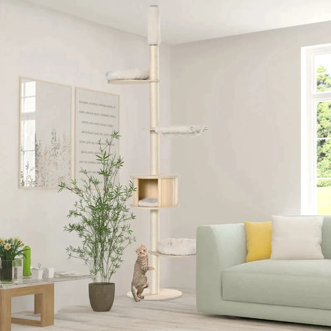 Rootz Krabpaal - Krabpaal - Klimboom voor hoog plafond - Houten kattengrot - Sisal pluche - In hoogte verstelbaar - Crème - 50 x 50 x 232-252 cm