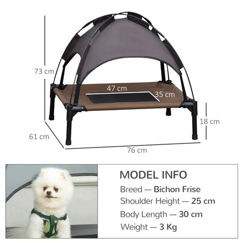 Rootz Pet Bed With Canopy - Raised Dog Bed - Outdoor Dog Lounger With Roof - Breathable - Taffeta Coffee - 76 x 61 x 73 cm