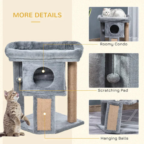 Rootz Cat Tree - Cat Tree with Jute Scratch Mat - Hanging Ball - Scratcher Board - Cat Furniture with Door Hole - Pet Furniture - Light Grey - 40 x 40 x 57 cm