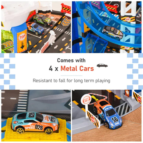Rootz Parkeergarage - Kinderracebaan - Kinderauto Racebaan Parkeergarage voor speelgoedauto's - ABS - Blauw/wit - 64 x 59 x 113 cm