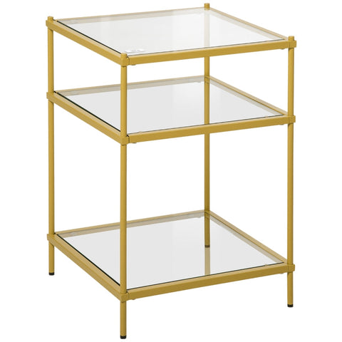 Rootz Side Table -  Coffee Table - Bedside Table - With 3 Glass Shelves - With Steel Frame - Tempered Glass/Steel - Gold - 40 x 40 x 60 cm