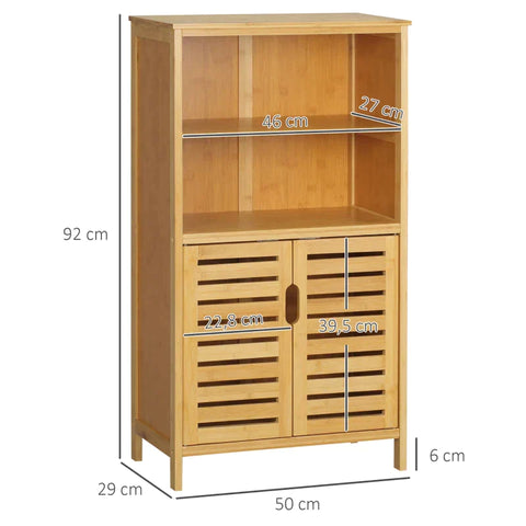 Rootz Bathroom Cabinet - Bathroom Shelf - Bamboo Bathroom Cabinet - With Louvered Doors - 2 Shelves 1 Cupboard - Bamboo - Natural Wood - 50cm x 29cm x 92cm