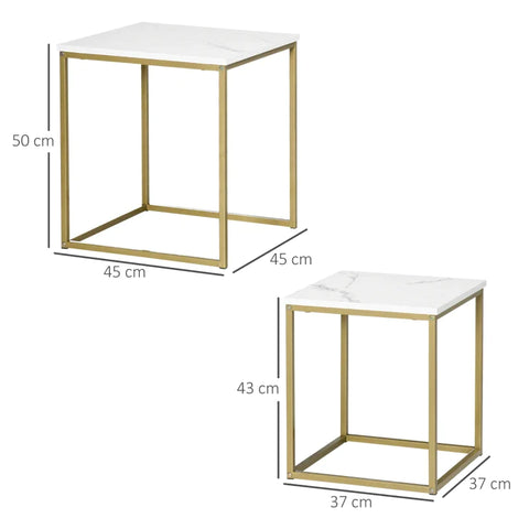 Rootz 2 Side Tables - Stackable Side Tables - Marble Look Table Top - Small Coffee Table - Wood Material - Gold + White - 45L x 45W x 50H cm