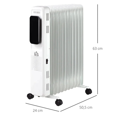 Rootz Oil Radiator - Portable Electric Radiator - 3 Heating Levels - 24-hour Timing Electric Heating - 11 Heating Plates With 4 Rollers - White - 50.5 x 24 x 63 cm