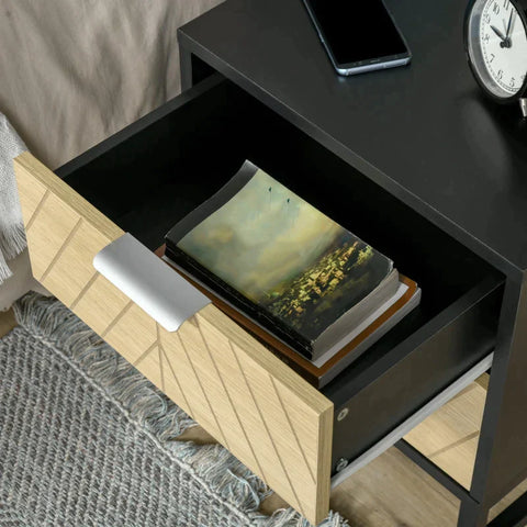 Rootz Bedside Table - 2 Large Drawers - Retro Antique Style - Bedroom - Living Room - Chipboard - Metal - Black + Natural - 40 cm x 36 cm x 48.5 cm