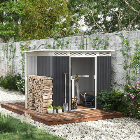 Rootz Tool Shed - Garden Shed with Side Storage - Sliding Door - Steel - Black - 257 x 142 x 184 cm