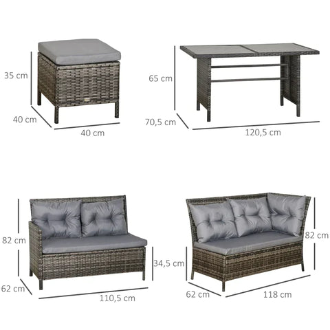 Rootz 6-piece Seating Set - Garden Set - Sofa Set - Garden Furniture Set Lounge - Polyrattan - Grey - 110.5L x 62W x 82H cm