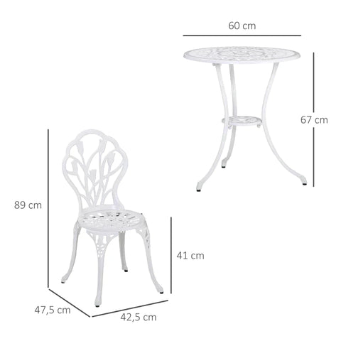 Rootz 3-teiliges Gartentisch-Set – Bistro-Set – Tisch – Stuhl – geschnitztes Holzdesign – Aluminium – Weiß – Ø60 x 67H cm