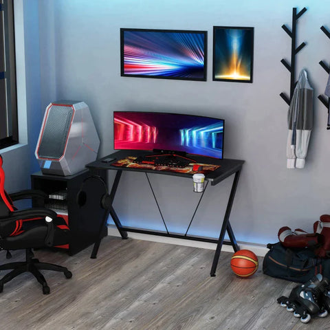 Rootz Gaming Desk - Computer Table - Metal Frame with Cup Holder - Headphone Hook - Cable Hole - Black - 108 cm x 66 cm x 77 cm