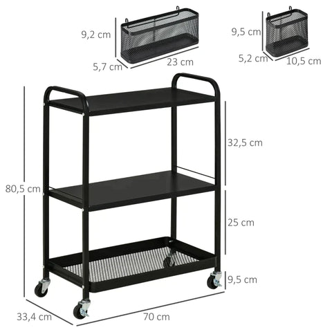 Rootz Kitchen Trolley - Trolley - Outdoor Serving Trolley - Serving Trolley - 3 Shelves Trolley - Steel - Black - 70 x 33.4 x 80.5 cm