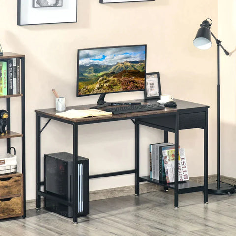Rootz Desk - Desk With Bookcase - Work Desk with Side Storage - Industrial-Style - Brown/Black - 120 cm x 60 cm x 75 cm