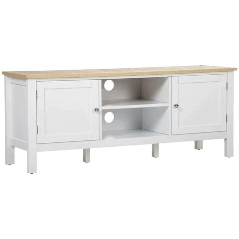 Rootz TV Bench - TV Dresser - Two Cupboard Compartments With Doors - 2 Open Compartments - White + Nature - 120 x 35 x 48cm