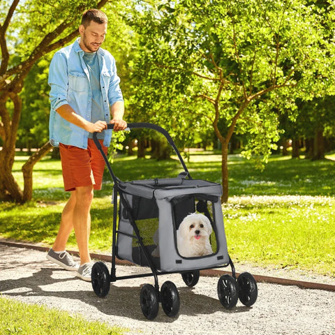 Rootz Dog Trolley With Cushion - 3 Side Pockets - Foldable Dog Trolley - Safety Leashes - Storage Bags - Gray + Black - 102 cm x 62 cm x 105 cm