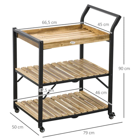 Rootz Outdoor Serving Trolley - Three Levels - Four Wheels - Steel Frame - Natural Wood - Natural + Black - 79 x 50 x 90cm