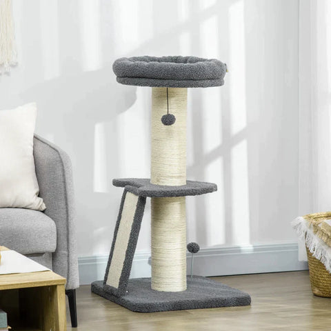 Rootz Scratching Post - One Platform - Hanging Play Ball - Sisal - Dark Grey + Cream White - 48 x 48 x 92cm