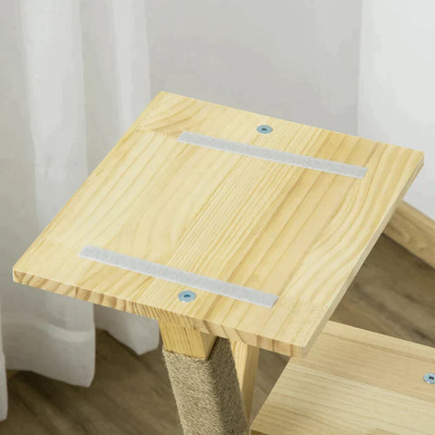 Rootz krabpaal - houten krabpaal - krabpaal - klimboom met jute - kattenmeubel - krabplank met kussen - 3 plateaus - stabiel kattenspeelgoed - naturel - 48 x 48 x 78 cm