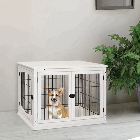 Rootz Dog Cage - Dog Carrier - Pet Cage - Locking 3-Doors - MDF Wood - White - 58.5cm x 81cm x 66cm