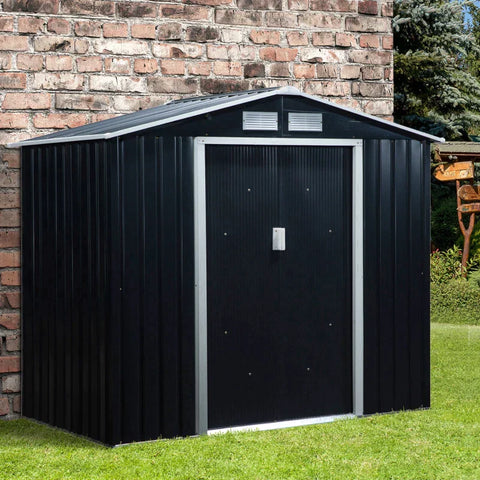 Rootz Garden Shed - Tool Shed - Metal Storage Shed With Sliding Doors - Outdoor Storage Shed With Foundation Ventilation - Charcoal Grey - 2.13 x 1.30 x 1.85 cm