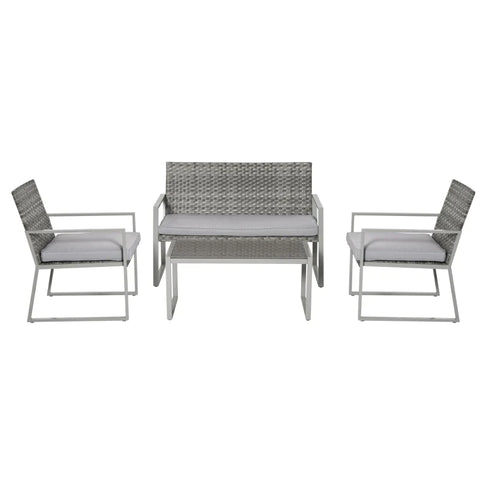 Rootz Garden Furniture Set - 4pc Rattan Furniture - Single Sofa Arm Chairs - Bench With Cushions - Coffee Table - Garden Furniture - Backyard Seating - Stylish And Comfort - Grey