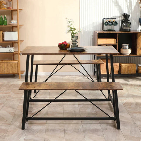 Rootz Esstisch-Set – Sitzgruppe im Industriedesign – 1 Tisch und 2 Bänke – Spanplatte/Stahl – Braun/Schwarz – 120 cm x 80 cm x 75 cm