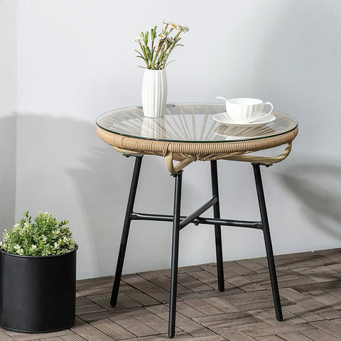 Rootz Garden Table - Boho Style Garden Table - PE Rattan - Tempered Glass - Weather Resistant - Black + Brown - 50cm x 50cm x 50cm