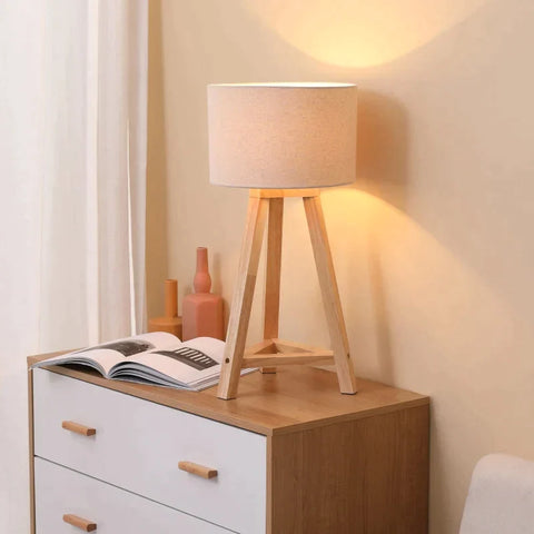 Rootz Tischlampe – Nachttischlampe – Schreibtischlampe – Tischlampe aus Holz – Leinen-Polyester – moderner Stil – Schlafzimmer – Wohnzimmer – Weiß + Natur – 28 cm x 28 cm x 58 cm