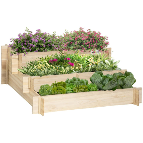 Rootz Raised Bed - 3-tier Garden Bed - Plant Bed - Herb Bed - Flower Ladder For Balcony Garden - Natural Wood - 93 x 93 x 35 cm