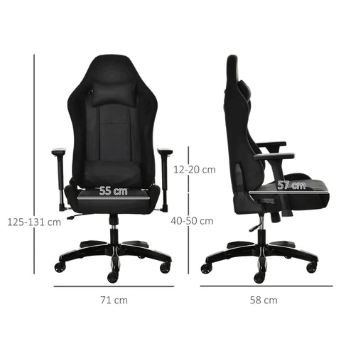 Rootz Gaming Stuhl – Bürostuhl – Ergonomischer Drehstuhl mit Kopfstütze – Stuhl mit Wipp- und Liegefunktion – Lendenkissen – 90–160° Neigungswinkel – Kunstleder – Schwarz – 71 x 58 x 125–131 cm