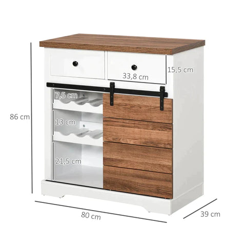 Rootz Kitchen Cabinet - Sideboard With 2 Drawers - Wine Rack - Sliding Door - Chest Of Drawers - Adjustable Shelves - Storage Cabinet - Rustic White - 80 x 39 x 86 cm