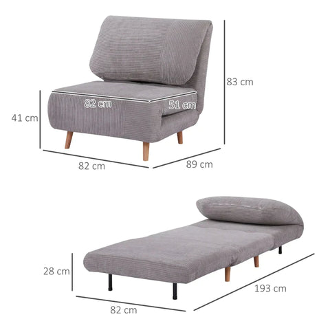 Rootz 2-in-1 Fauteuil Bed - Verstelbare Hoofdsteun - Corduroy Look - Grijs - 82 cm x 8 cm x 83 cm