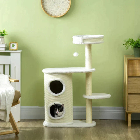 Rootz Scratching Post - With Scratch Barrel - 1 Cat Bed and Cat Toy - Off-White - 59cm x 35cm x 100cm