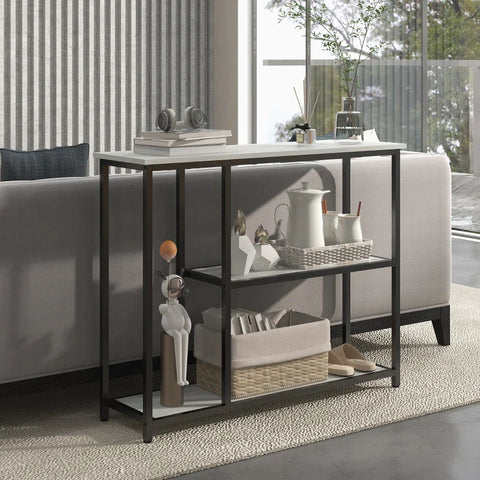 Rootz Console Table - Industrial Design - Elegant Faux Marble - 2 Shelves - Marble Effect - Robust Steel Frame - Black + White - 100L x 30W x 80H cm