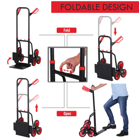 Rootz Steel Climbing Stairs Trolley - Steel Trolley - Hand Trucks - 6-wheeled Trolley - Foldable Hand Truck - Load Carrying Hand Truck  - Black & Red - 120kg