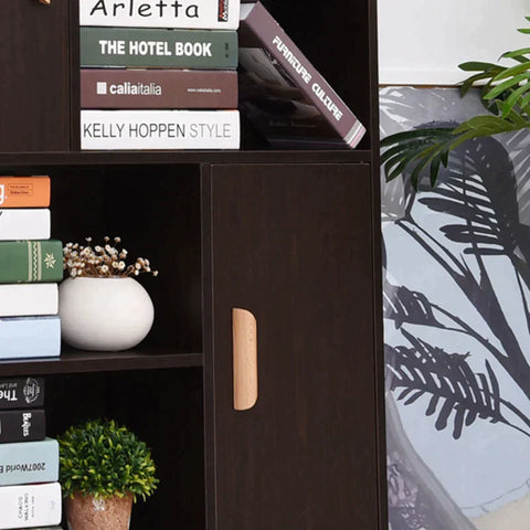 Rootz Standing Shelf - Sideboard -  Bookshelf - Free Standing Bookcase Shelves - Storage Cabinet - Wooden Leg - 2 Doors 5 Compartments - Walnut - 80 cm x 23.5 cm x 123 cm